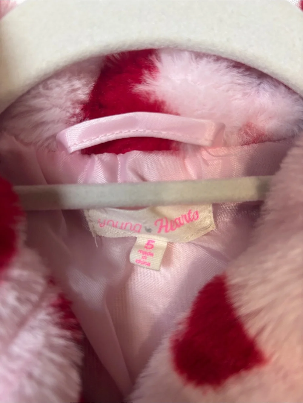 Girls Pink Faux-Fur Cropped Jacket with Red Heart Print